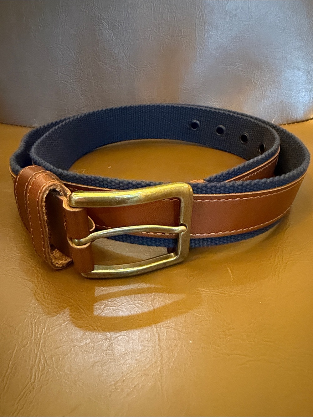 J. Crew Brown Leather & Navy Fabric Belt with Brass Buckle size 32